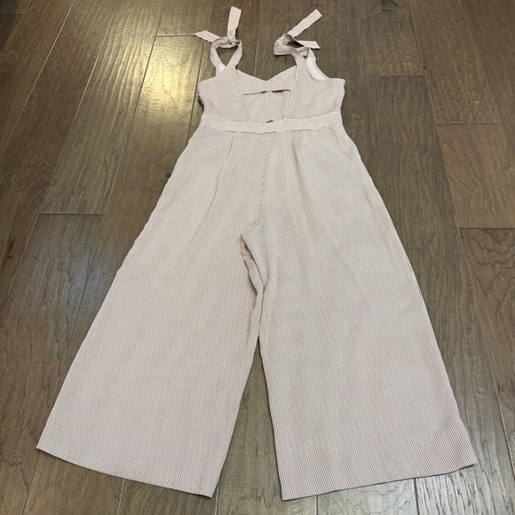 KAARI blue Striped Wide Leg Jumpsuit Cutout Tie Shoulders Cropped - Picture 9 of 9